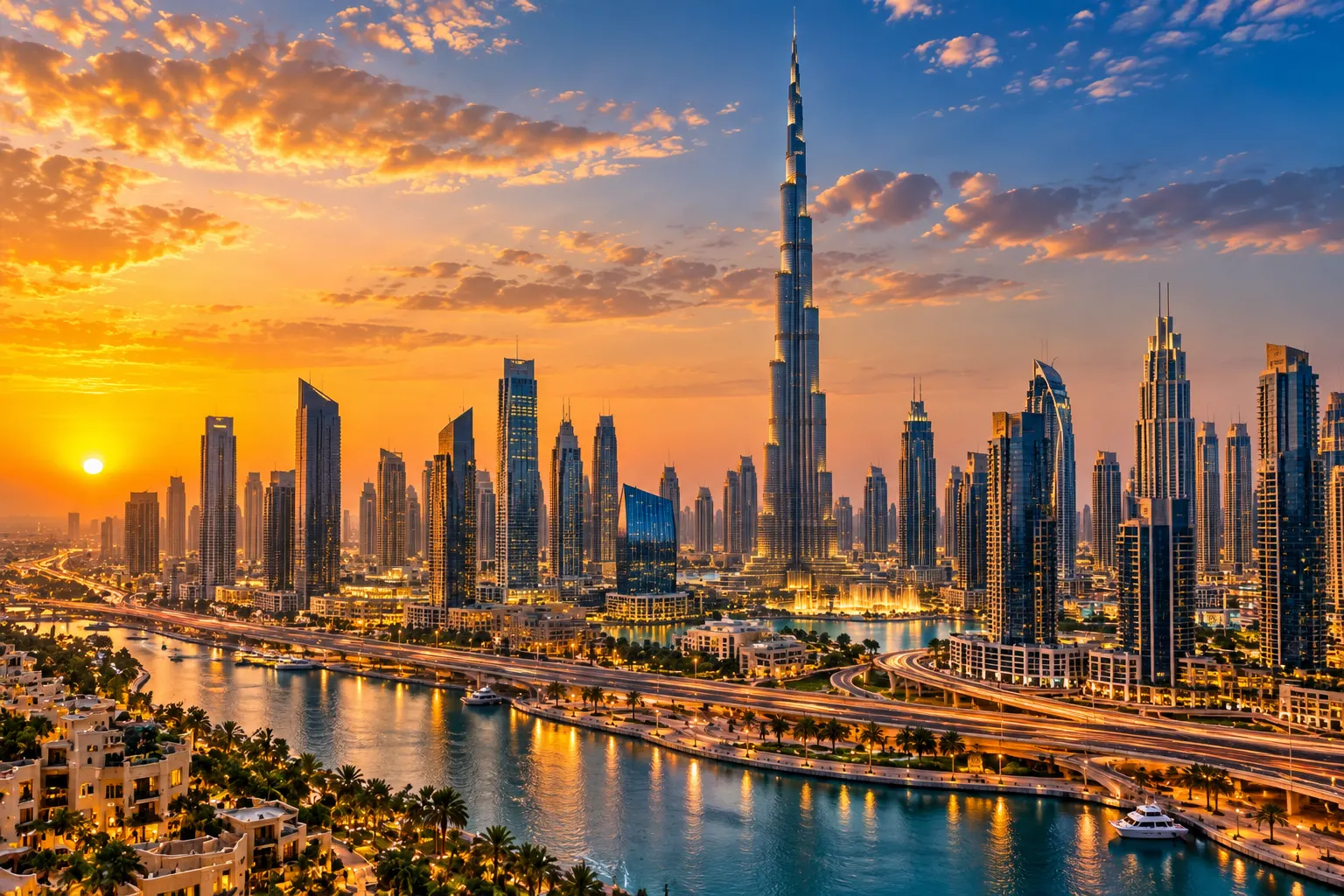 أفق دبي وبرج خليفة عند الغروب